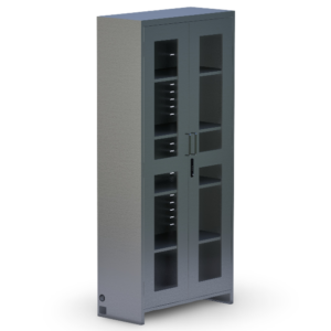 Medical cabinet, secure locking mechanism, stainless steel construction.